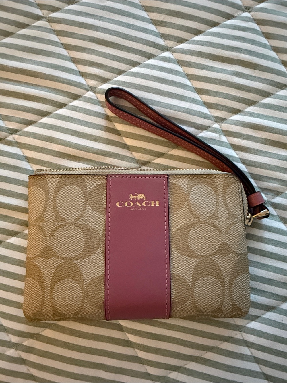 Coach Khaki Canvas Wristlet with Pink Center Stripe